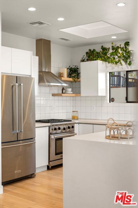 kitchen featuring light hardwood / wood-style floors, decorative backsplash, white cabinetry, premium appliances, and wall chimney exhaust hood