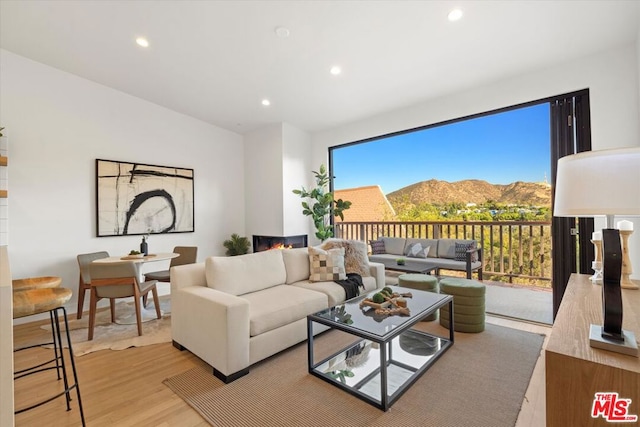 living room featuring a mountain view and light hardwood / wood-style floors