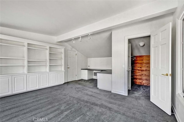 interior space featuring lofted ceiling, built in shelves, and dark colored carpet