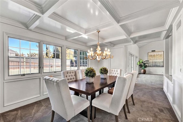 carpeted dining area featuring coffered ceiling, a chandelier, crown molding, and beamed ceiling