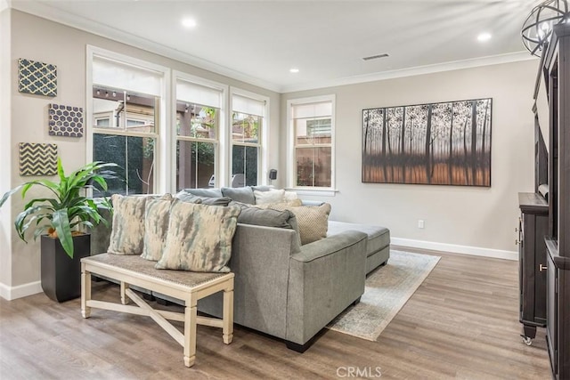 living room with crown molding and hardwood / wood-style flooring