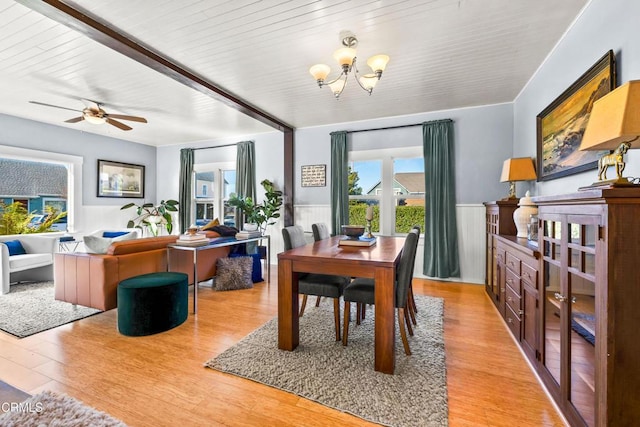 dining room with ceiling fan with notable chandelier, wood-type flooring, and wood ceiling