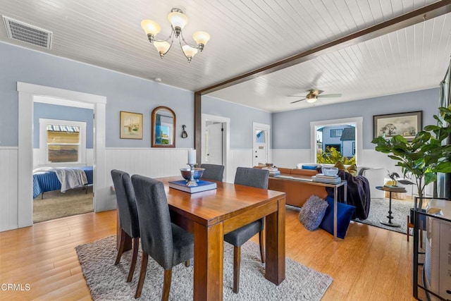 dining area with ceiling fan with notable chandelier, light wood-type flooring, and wood ceiling