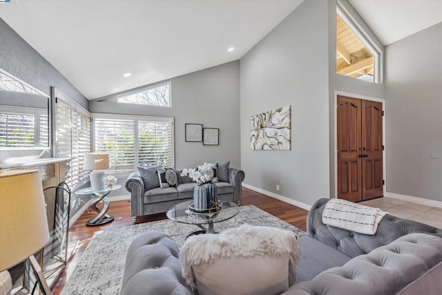 living room featuring high vaulted ceiling and hardwood / wood-style floors