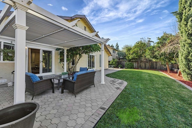 view of patio / terrace featuring an outdoor hangout area and a pergola