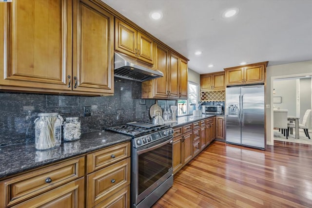 kitchen with backsplash, exhaust hood, dark stone countertops, light hardwood / wood-style flooring, and appliances with stainless steel finishes