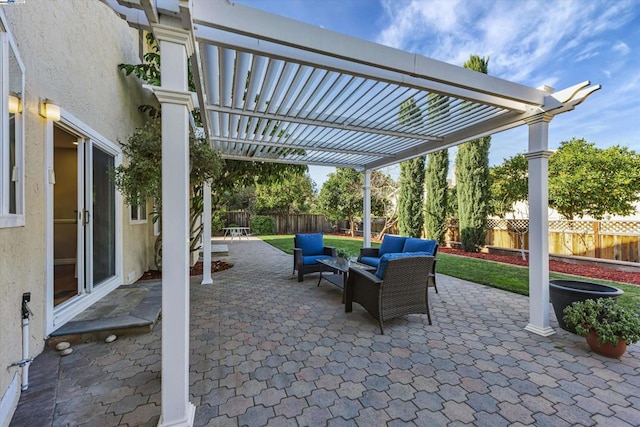 view of patio / terrace featuring an outdoor living space and a pergola