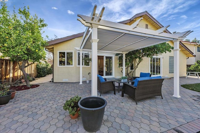 view of patio / terrace with a pergola and outdoor lounge area