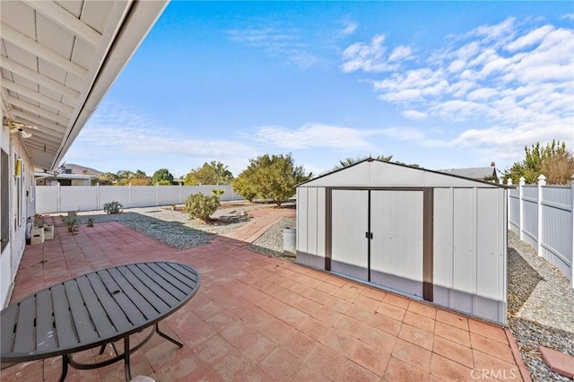 view of patio / terrace featuring a shed