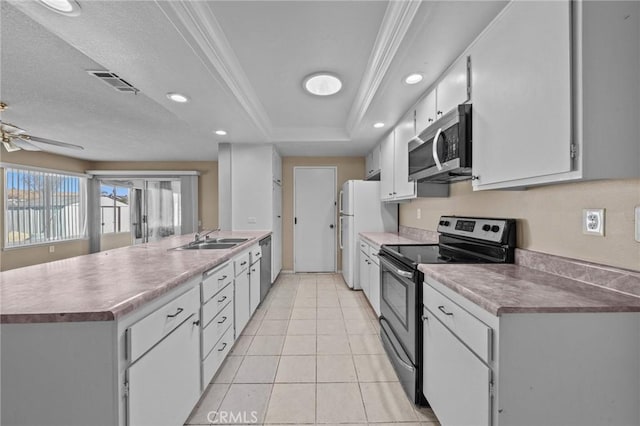 kitchen with stainless steel appliances, a tray ceiling, white cabinetry, ornamental molding, and sink