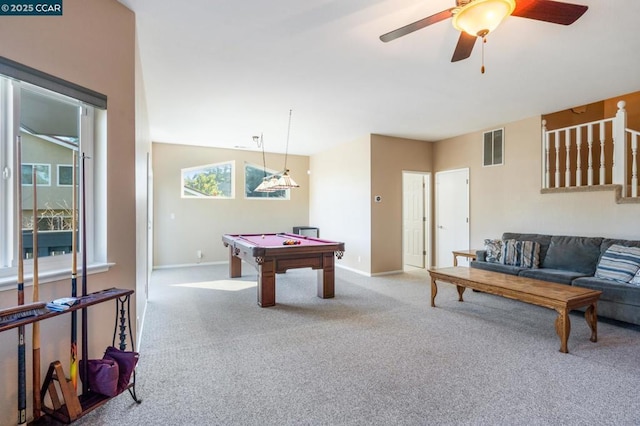 rec room featuring light carpet, pool table, and ceiling fan