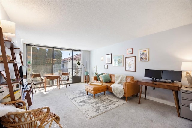 living room featuring a textured ceiling, expansive windows, and light carpet