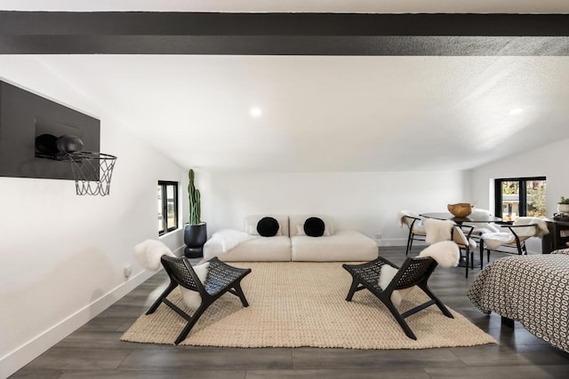 living room with vaulted ceiling and dark wood-type flooring