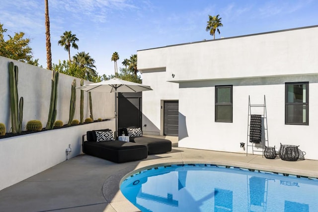 view of swimming pool featuring a patio area