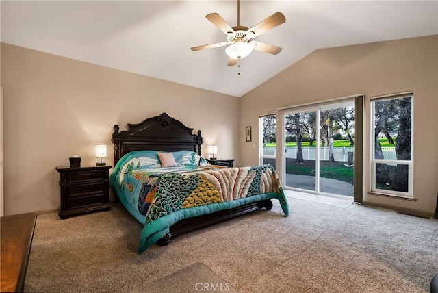 bedroom featuring carpet flooring, access to exterior, ceiling fan, and vaulted ceiling