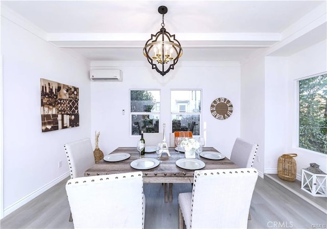 dining area featuring hardwood / wood-style flooring, beamed ceiling, a chandelier, and a wall mounted air conditioner