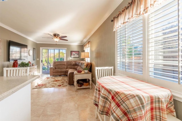 tiled bedroom with ceiling fan, access to outside, and crown molding