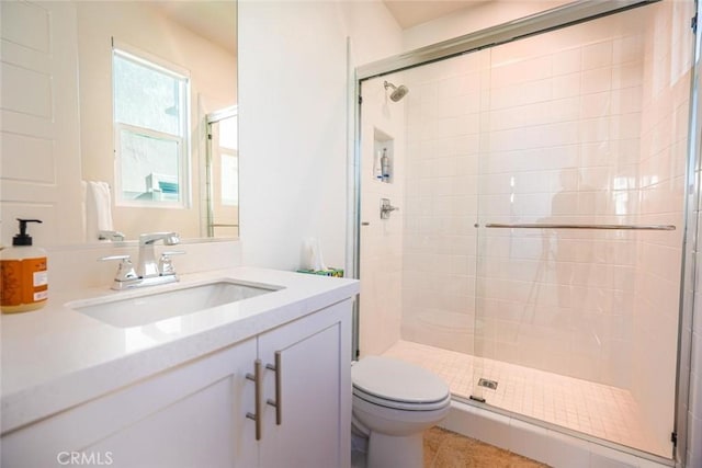 bathroom with vanity, toilet, and a shower stall
