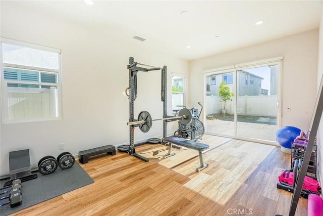 workout area with hardwood / wood-style floors and a wealth of natural light