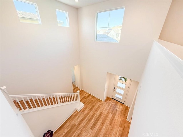 stairs with hardwood / wood-style flooring