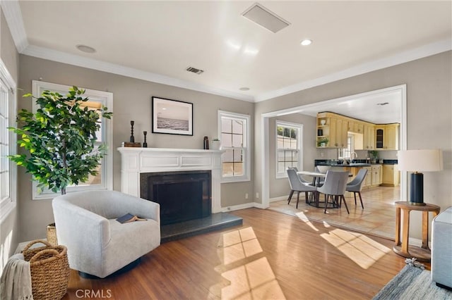 living area with visible vents, a fireplace with raised hearth, light wood-style flooring, and ornamental molding