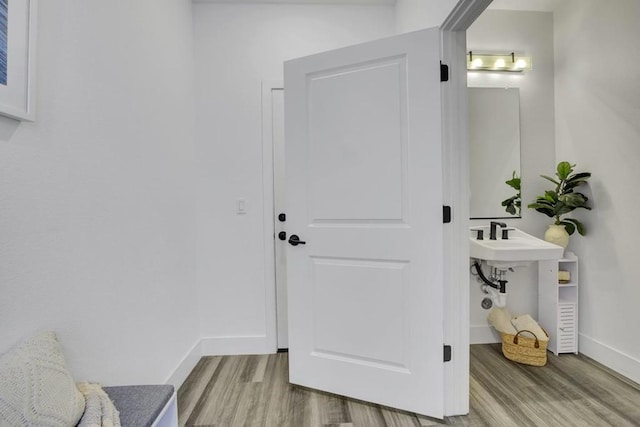 bathroom with wood-type flooring and sink