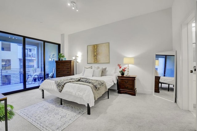 bedroom featuring access to exterior and light colored carpet