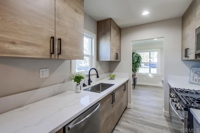 kitchen featuring a healthy amount of sunlight, stainless steel appliances, light hardwood / wood-style floors, and sink