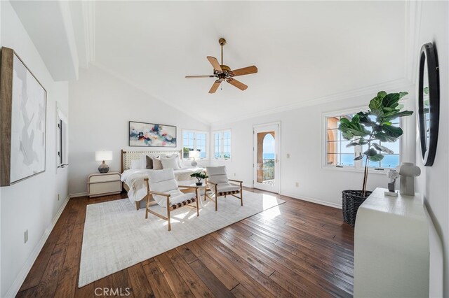 bedroom with ceiling fan, ornamental molding, access to exterior, and dark hardwood / wood-style flooring