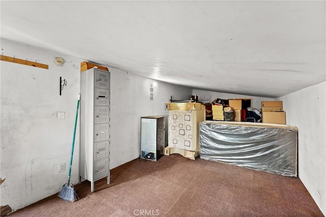 unfurnished bedroom featuring vaulted ceiling and carpet