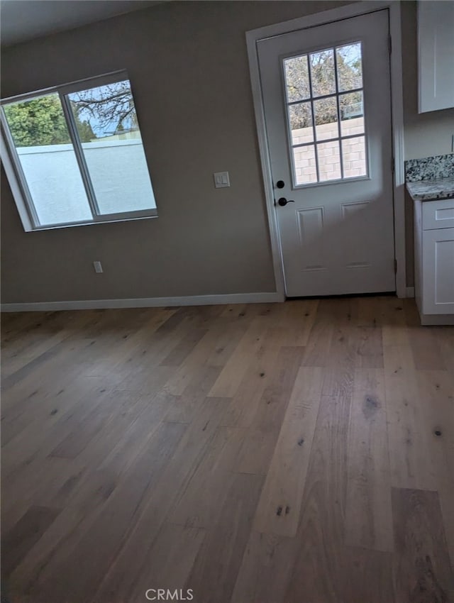 doorway with light wood-type flooring and plenty of natural light