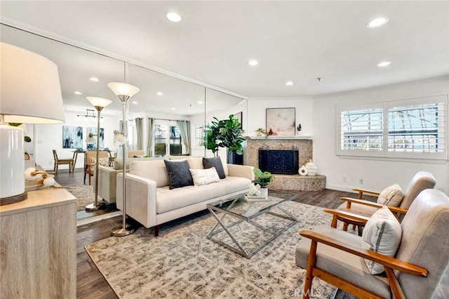 living room with dark wood-type flooring