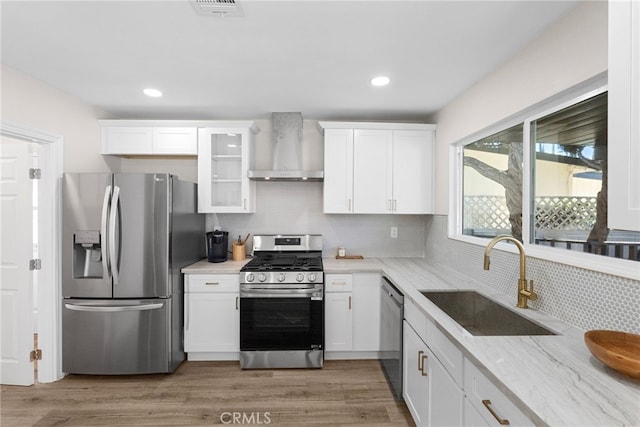 kitchen with backsplash, white cabinetry, a sink, stainless steel appliances, and wall chimney exhaust hood