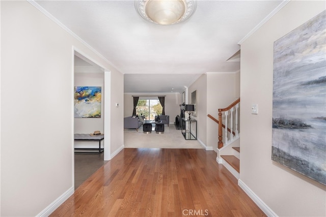 hallway with crown molding and hardwood / wood-style floors