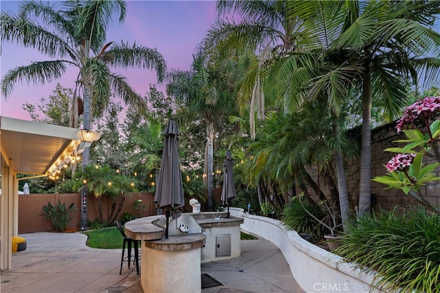 patio terrace at dusk featuring a bar and area for grilling