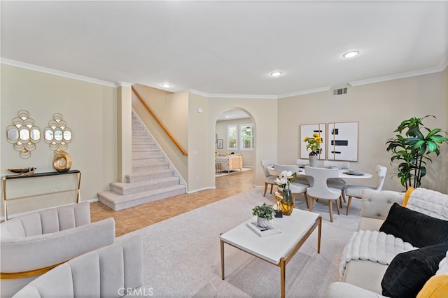 tiled living room featuring ornamental molding