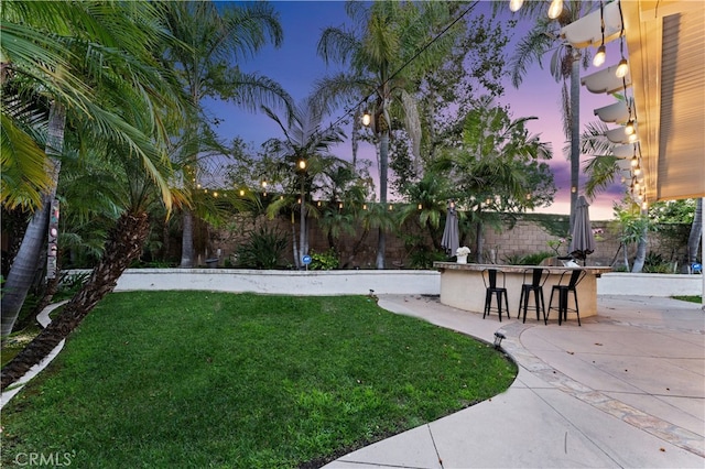 yard at dusk with an outdoor bar and a patio