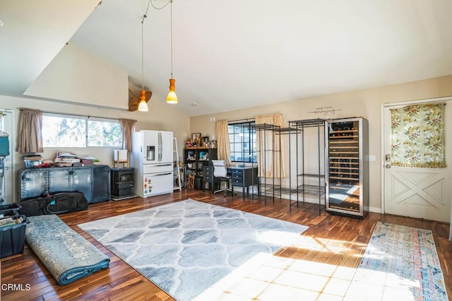 living room with vaulted ceiling, dark hardwood / wood-style flooring, and wine cooler