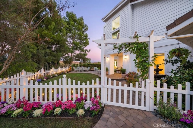 yard at dusk featuring a patio