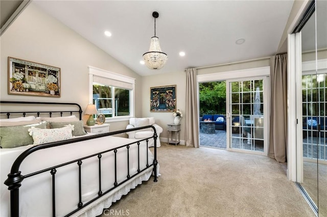 bedroom with light colored carpet, vaulted ceiling, access to exterior, and a chandelier