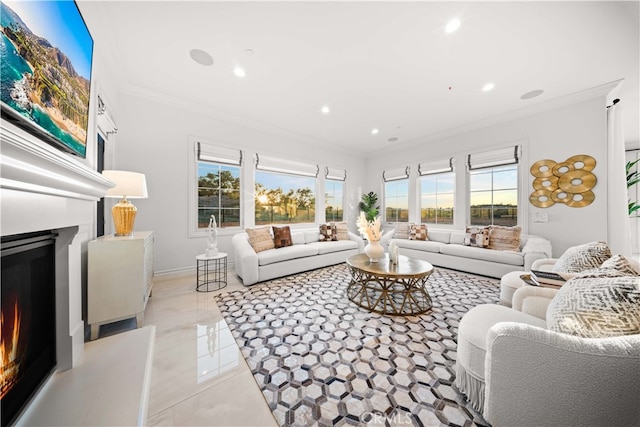 living room featuring crown molding and light tile patterned flooring