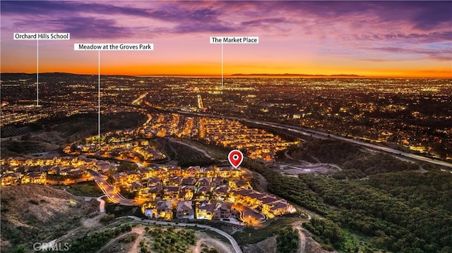 view of aerial view at dusk