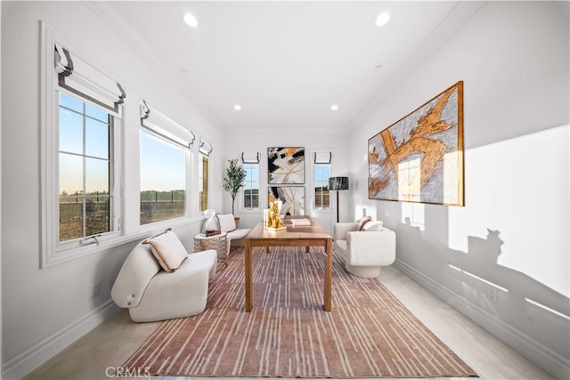 living area with crown molding