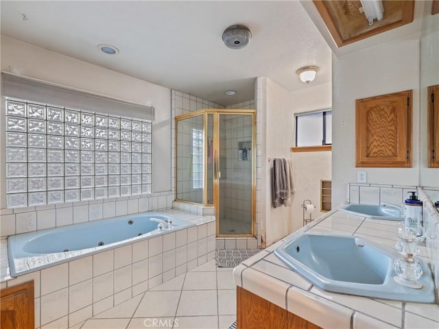 20276 Waco Rd, Apple Valley, CA 92308 - bathroom featuring vanity, tile patterned floors, and shower with separate bathtub