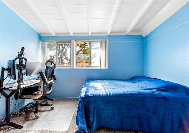 carpeted bedroom featuring vaulted ceiling with beams