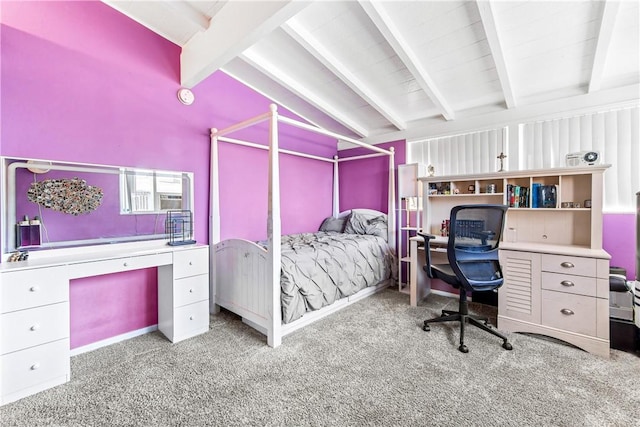 bedroom featuring light carpet and vaulted ceiling with beams