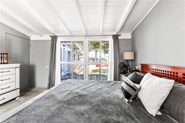 bedroom featuring access to exterior, carpet floors, and lofted ceiling with beams