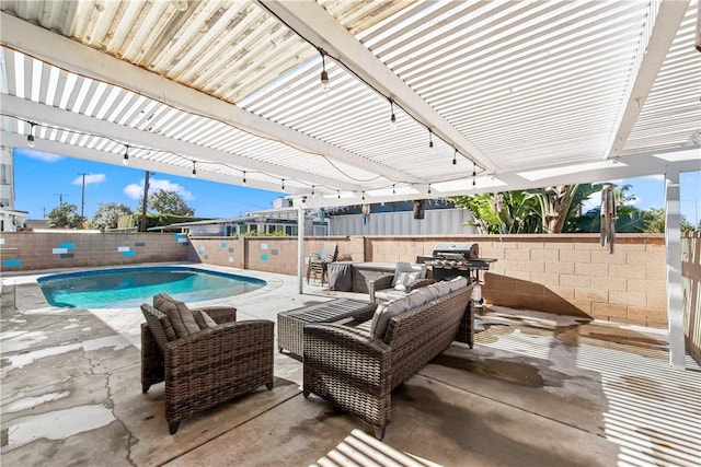 view of pool featuring an outdoor hangout area, a patio, and a pergola