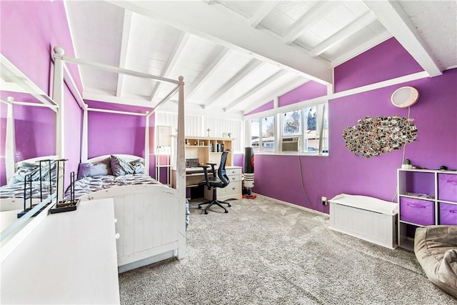 carpeted bedroom featuring vaulted ceiling with beams