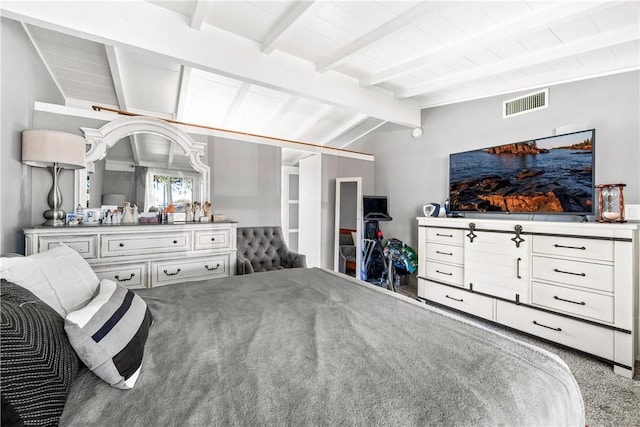 bedroom featuring carpet and vaulted ceiling with beams